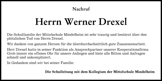 Traueranzeige von Werner Drexel von Mindelheimer Zeitung