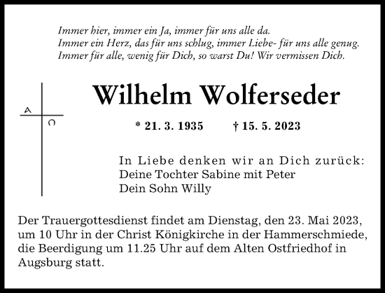 Traueranzeige von Wilhelm Wolferseder von Augsburger Allgemeine