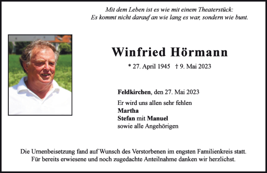 Traueranzeige von Winfried Hörmann von Neuburger Rundschau