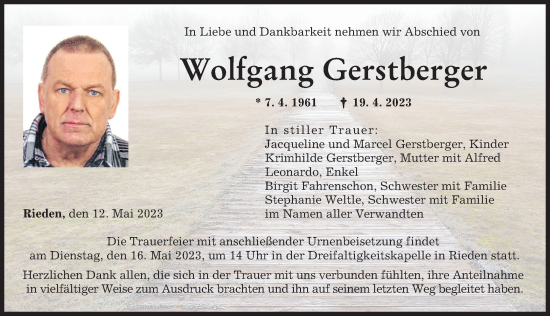 Traueranzeige von Wolfgang Gerstberger von Günzburger Zeitung