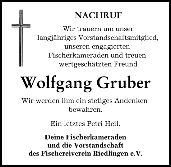 Traueranzeige von Wolfgang Gruber von Donauwörther Zeitung