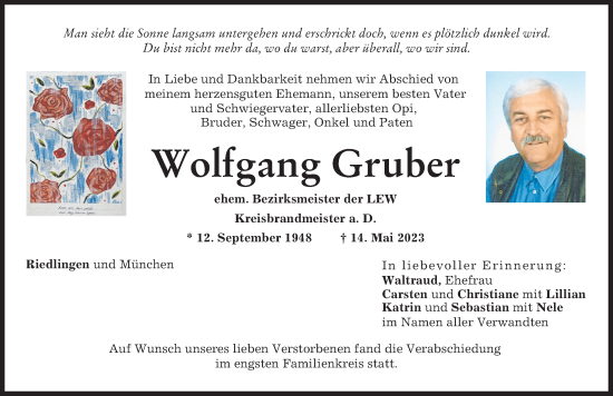 Traueranzeige von Wolfgang Gruber von Donauwörther Zeitung