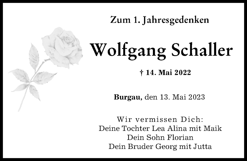  Traueranzeige für Wolfgang Schaller vom 13.05.2023 aus Günzburger Zeitung