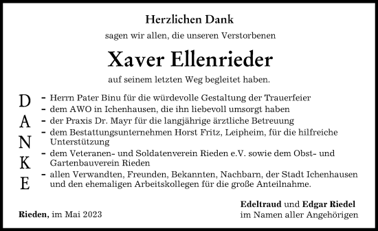 Traueranzeige von Xaver Ellenrieder von Günzburger Zeitung