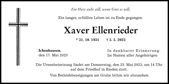 Traueranzeige von Xaver Ellenrieder von Günzburger Zeitung
