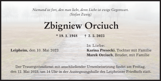 Traueranzeige von Zbigniew Orciuch von Günzburger Zeitung