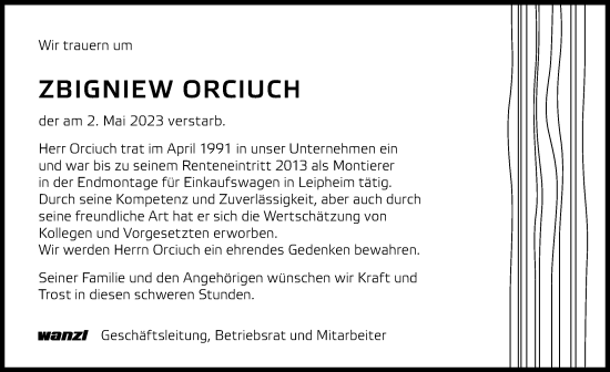 Traueranzeige von Zbigniew Orciuch von Günzburger Zeitung