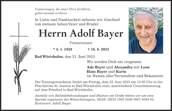 Traueranzeige von Adolf Bayer von Mindelheimer Zeitung