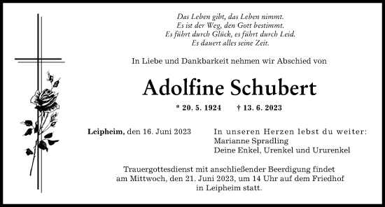 Traueranzeige von Adolfine Schubert von Günzburger Zeitung