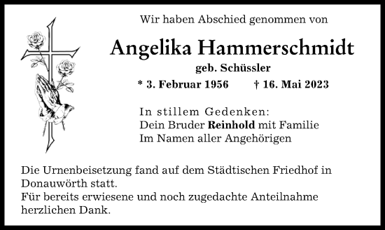 Traueranzeige von Angelika Hammerschmidt von Donauwörther Zeitung