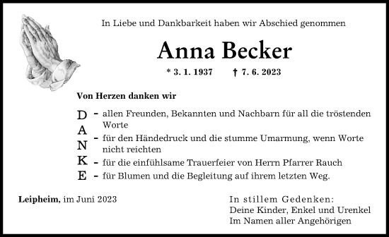 Traueranzeige von Anna Becker von Günzburger Zeitung