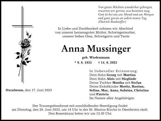 Traueranzeige von Anna Mussinger von Günzburger Zeitung