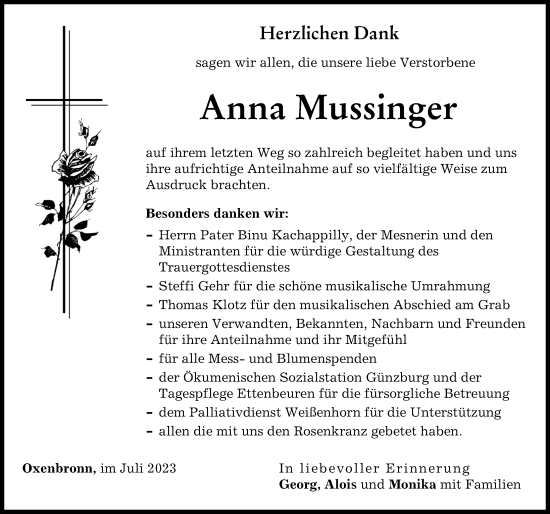 Traueranzeige von Anna Mussinger von Günzburger Zeitung