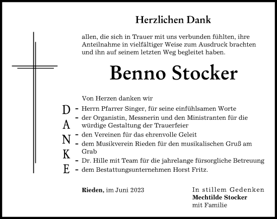 Traueranzeige von Benno Stocker von Günzburger Zeitung