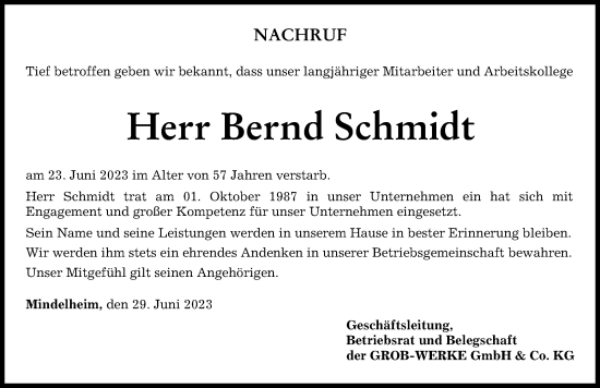 Traueranzeige von Bernd Schmidt von Mindelheimer Zeitung