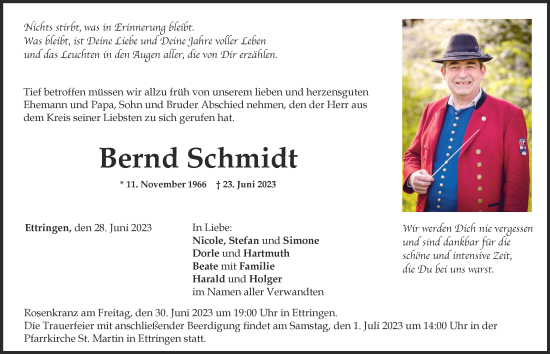 Traueranzeige von Bernd Schmidt von Mindelheimer Zeitung