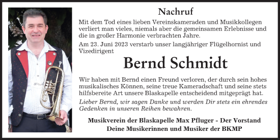 Traueranzeige von Bernd Schmidt von Mindelheimer Zeitung