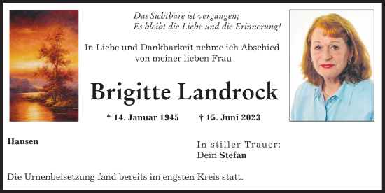Traueranzeige von Brigitte Landrock von Aichacher Nachrichten