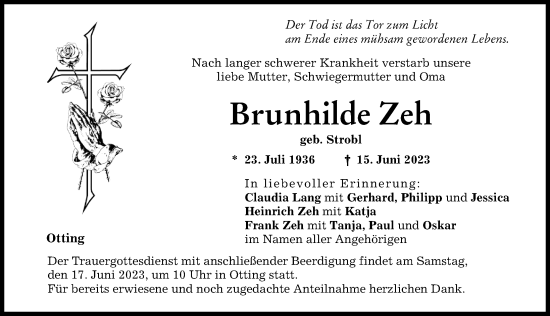 Traueranzeige von Brunhilde Zeh von Donauwörther Zeitung