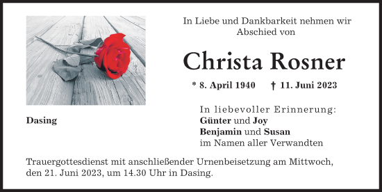 Traueranzeige von Christa Rosner von Friedberger Allgemeine