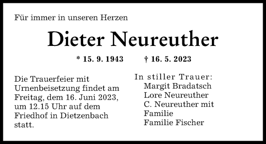 Traueranzeige von Dieter Neureuther von Augsburger Allgemeine