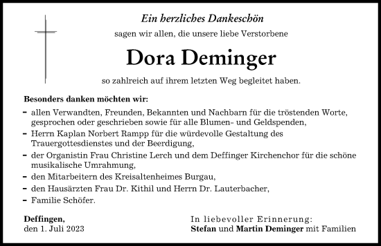 Traueranzeige von Dora Deminger von Günzburger Zeitung