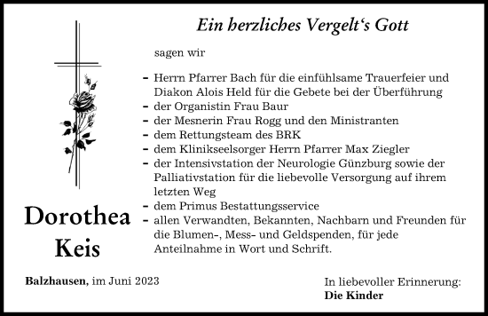 Traueranzeige von Dorothea Keis von Mittelschwäbische Nachrichten