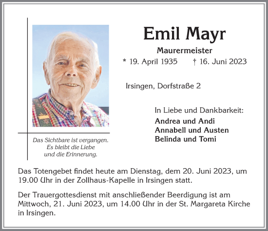 Traueranzeige von Emil Mayr von Mindelheimer Zeitung