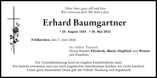 Traueranzeige von Erhard Baumgartner von Neuburger Rundschau
