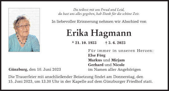 Traueranzeige von Erika Hagmann von Günzburger Zeitung