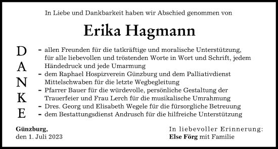 Traueranzeige von Erika Hagmann von Günzburger Zeitung