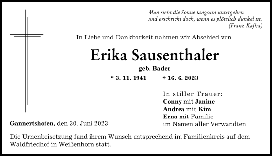 Traueranzeige von Erika Sausenthaler von Illertisser Zeitung