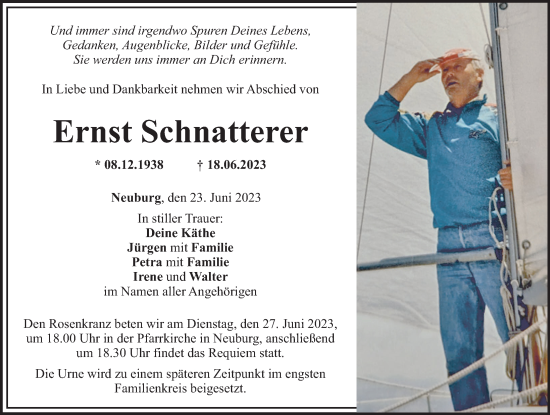 Traueranzeige von Ernst Schnatterer von Mittelschwäbische Nachrichten