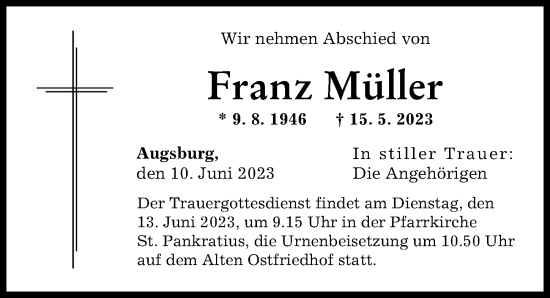 Traueranzeige von Franz Müller von Augsburger Allgemeine