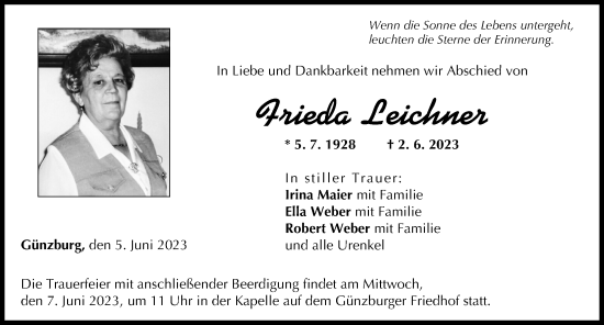 Traueranzeige von Frieda Leichner von Günzburger Zeitung