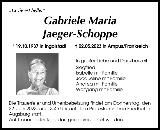 Traueranzeige von Gabriele Jaeger-Schoppe von Augsburger Allgemeine
