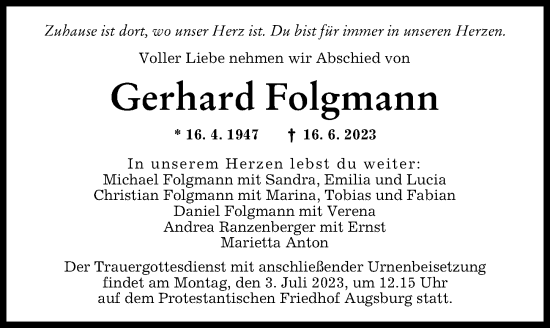 Traueranzeige von Gerhard Folgmann von Augsburger Allgemeine