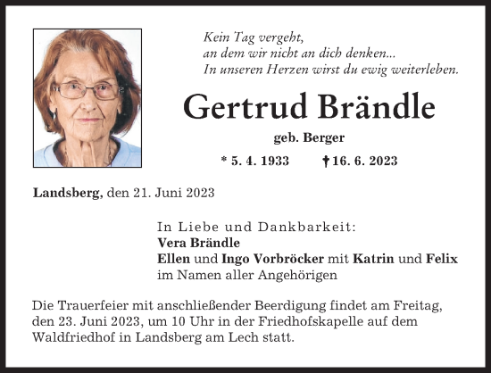 Traueranzeige von Gertrud Brändle von Landsberger Tagblatt