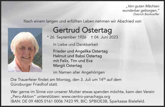 Traueranzeige von Gertrud Ostertag von Günzburger Zeitung