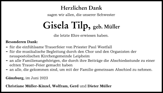 Traueranzeige von Gisela Tilp von Günzburger Zeitung