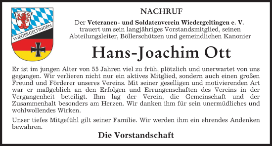 Traueranzeige von Hans-Joachim Ott von Mindelheimer Zeitung