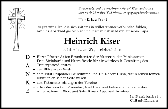 Traueranzeige von Heinrich Kiser von Friedberger Allgemeine