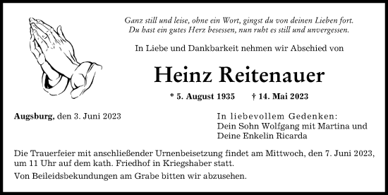 Traueranzeige von Heinz Reitenauer von Augsburger Allgemeine