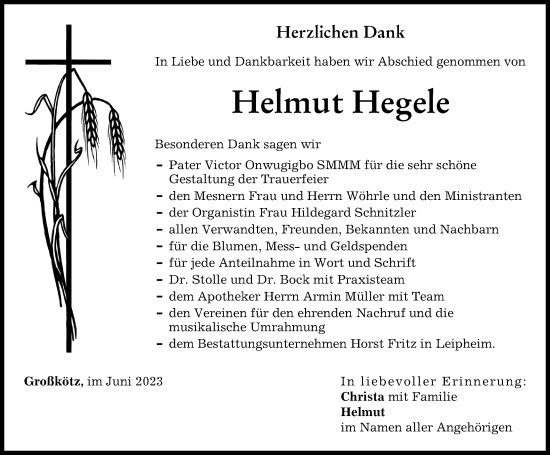 Traueranzeige von Helmut Hegele von Günzburger Zeitung