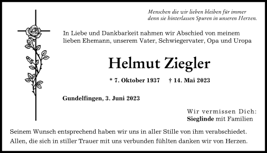 Traueranzeige von Helmut Ziegler von Donau Zeitung