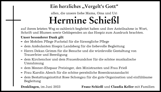 Traueranzeige von Hermine Schießl von Landsberger Tagblatt