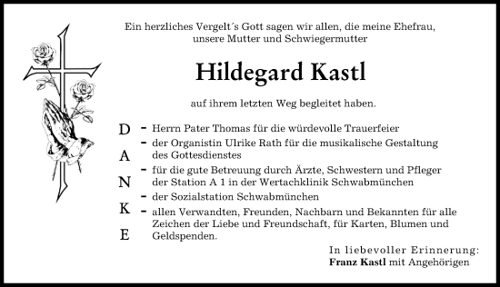 Traueranzeige von Hildegard Kastl von Schwabmünchner Allgemeine