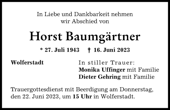 Traueranzeige von Horst Baumgärtner von Donauwörther Zeitung
