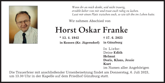 Traueranzeige von Horst Oskar Franke von Günzburger Zeitung