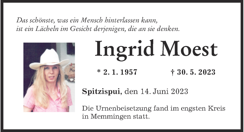  Traueranzeige für Ingrid Moest vom 14.06.2023 aus Mindelheimer Zeitung